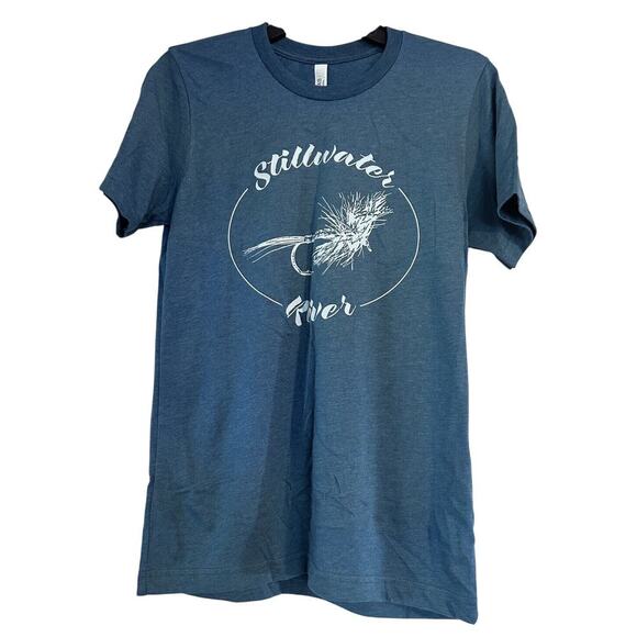 Stillwater River Montana Fly Fishing XS Extra Small Tee Shirt Blue NWT Unisex - Picture 2 of 7
